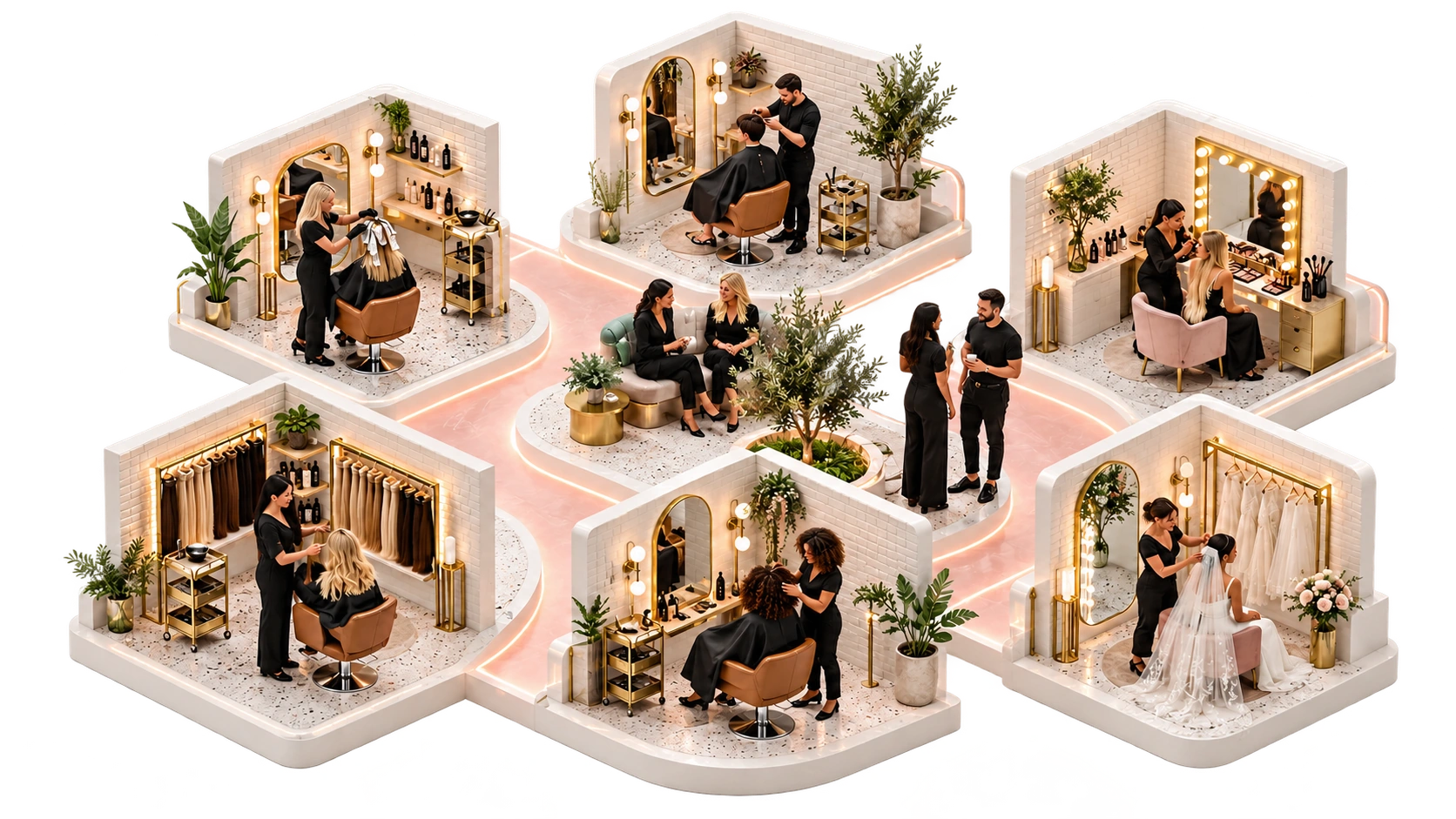 Seven stations around a central lounge, joined by a glowing path: colour, cut, makeup, hair extensions, curls and bridal, with two stylists chatting by a tree in the middle.