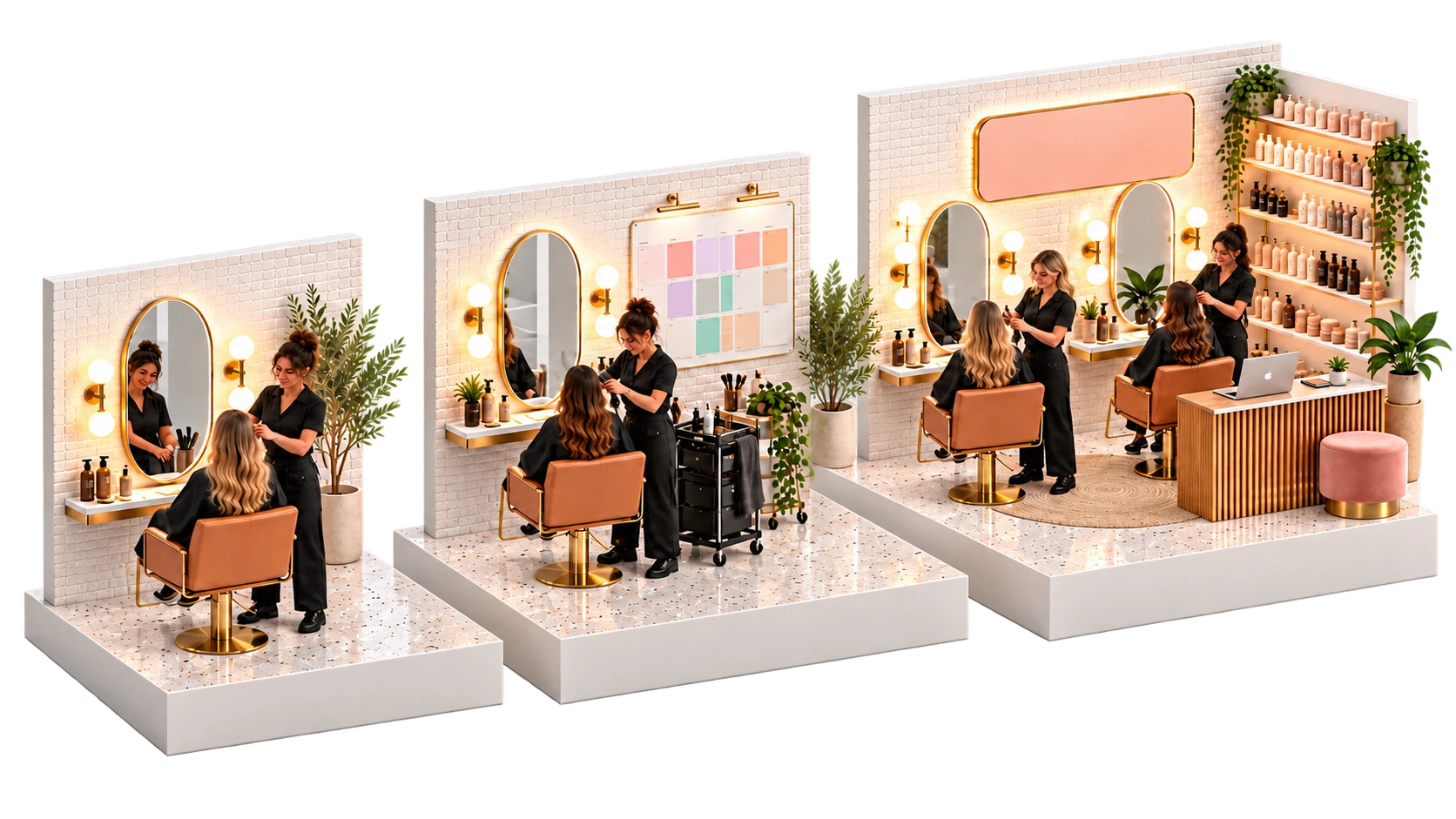 Three stations side by side: a single chair with a stylist and client, a busier station with two chairs and a colour planner on the wall, and a branded station with a blank pink sign, shelves and a laptop desk.