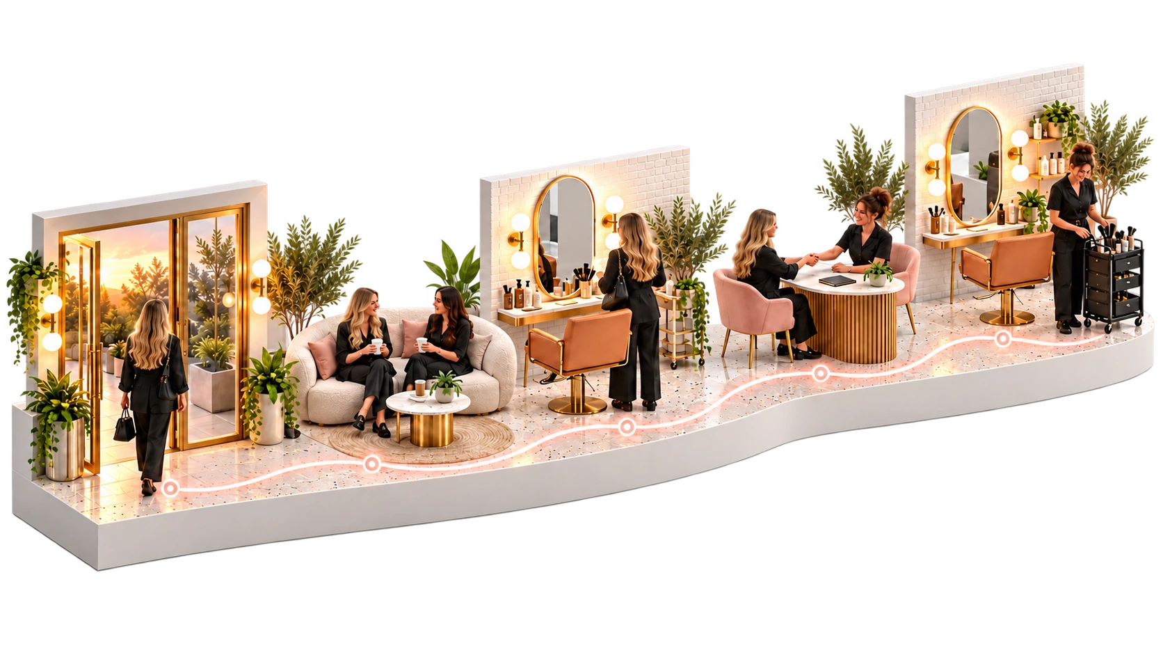 A stylist walks through a gold-framed glass door into the salon, past a lounge where two stylists have coffee, a styling chair, a handshake at a round table, and a station with a trolley.